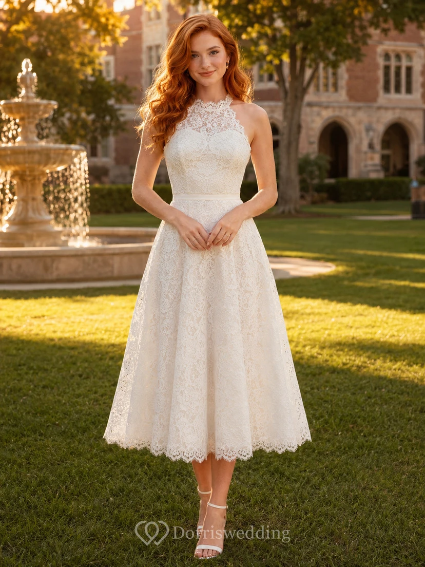 Vestido de graduación blanco de cuello alto con encaje calado y largo hasta la rodilla