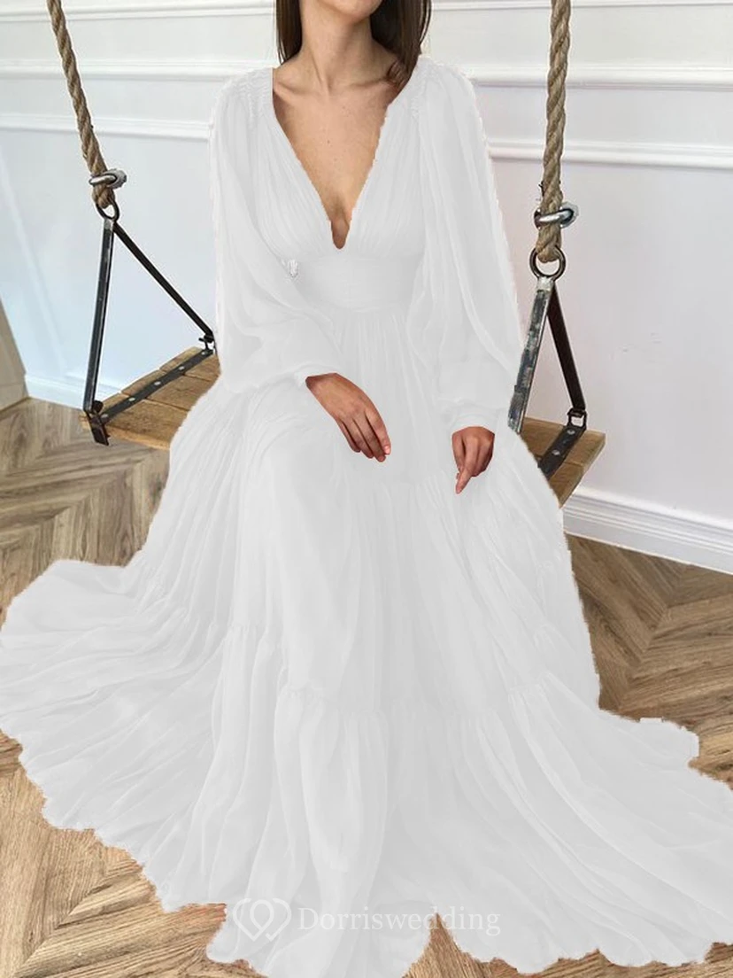 Sexy V-neck Puff Long Sleeve Chiffon Layered Empire Dress view 35