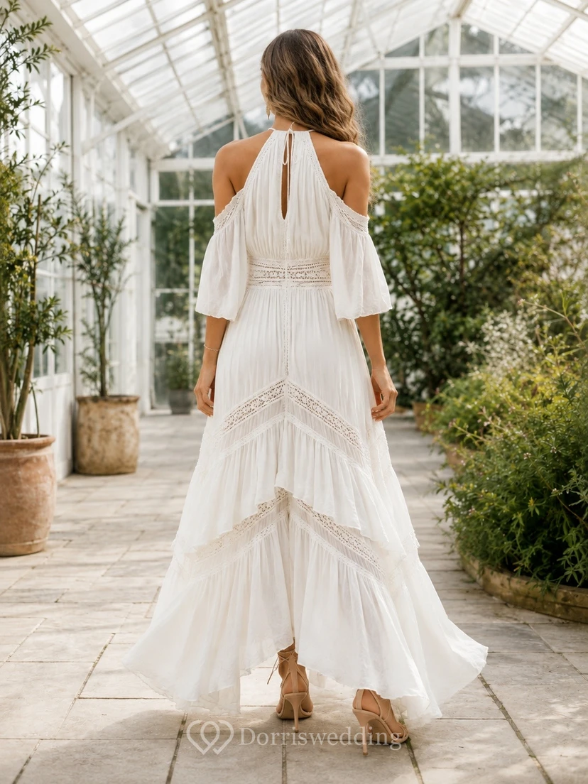 White Chiffon Halter Sleeveless Cascading Ruffle Bohemian Dress view 2