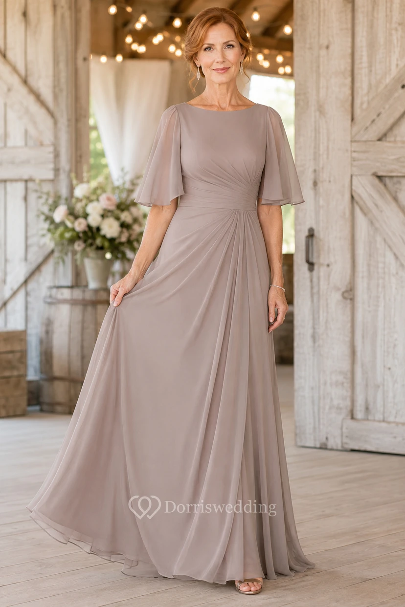 MOB-Kleid, taupefarbener Chiffon, A-Linie, flatternde Ärmel, U-Boot-Ausschnitt, bodenlang, gerafft