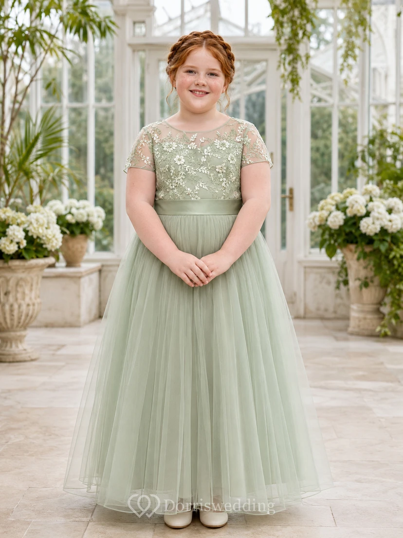 Sage Flower Girl Dress Elegant Floor-Length A-Line Short Illusion Sleeve Contrast Floral Embroidered Tulle Satin Waist