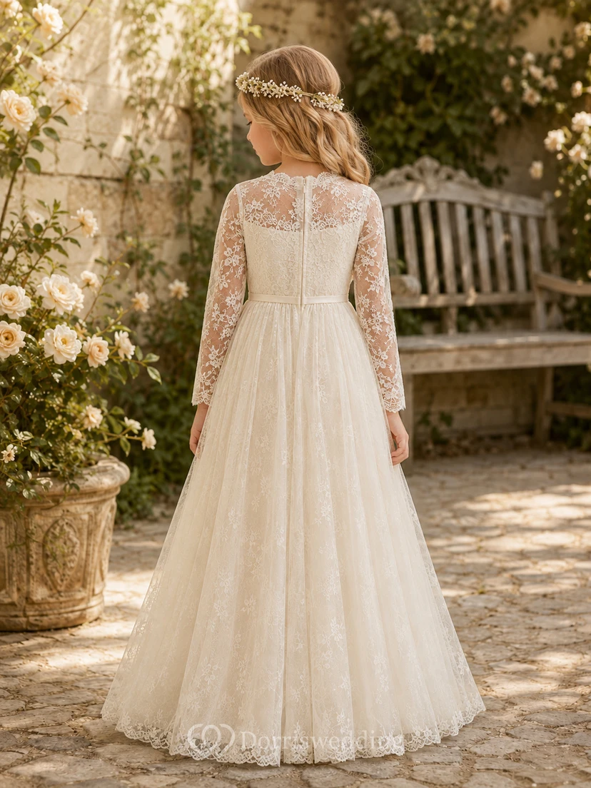 Flower Girl Dress Ivory Lace Tulle A-Line Long Sleeve Scoop Neck Tea Length view 2