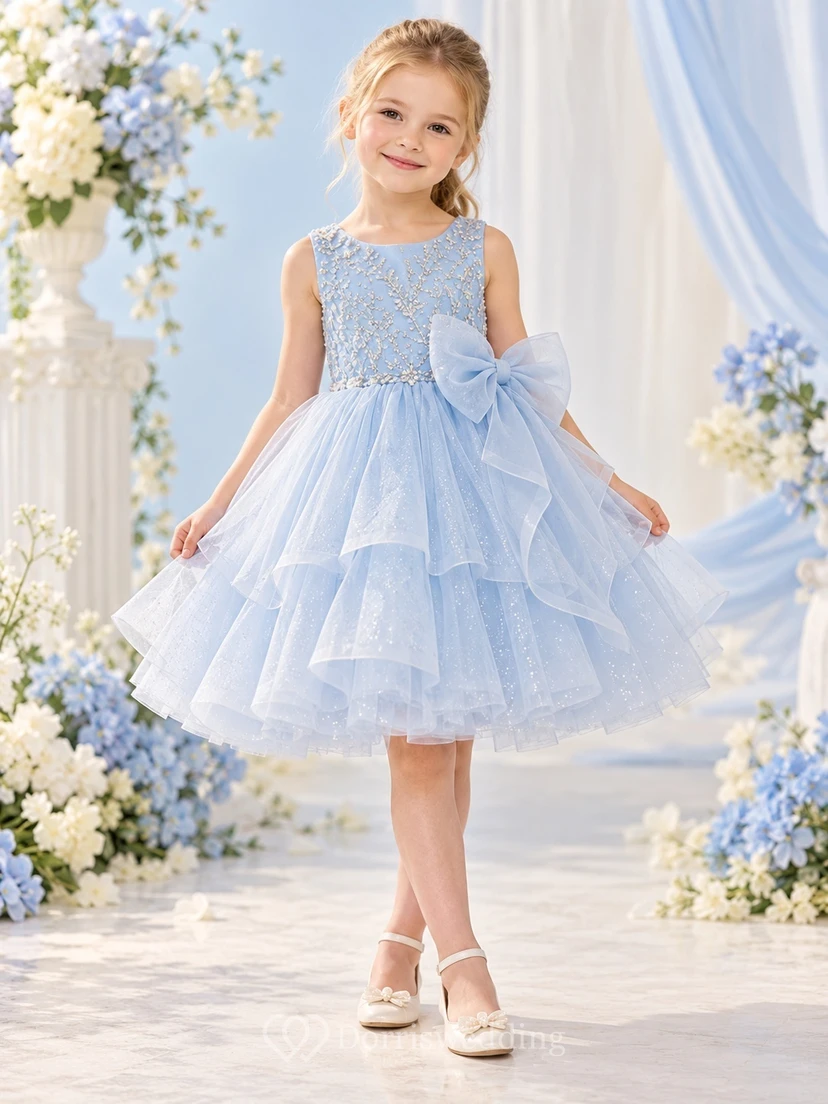 Sky Blue Beaded Bow Waist Tiered Knee-length Flower Girl Dress