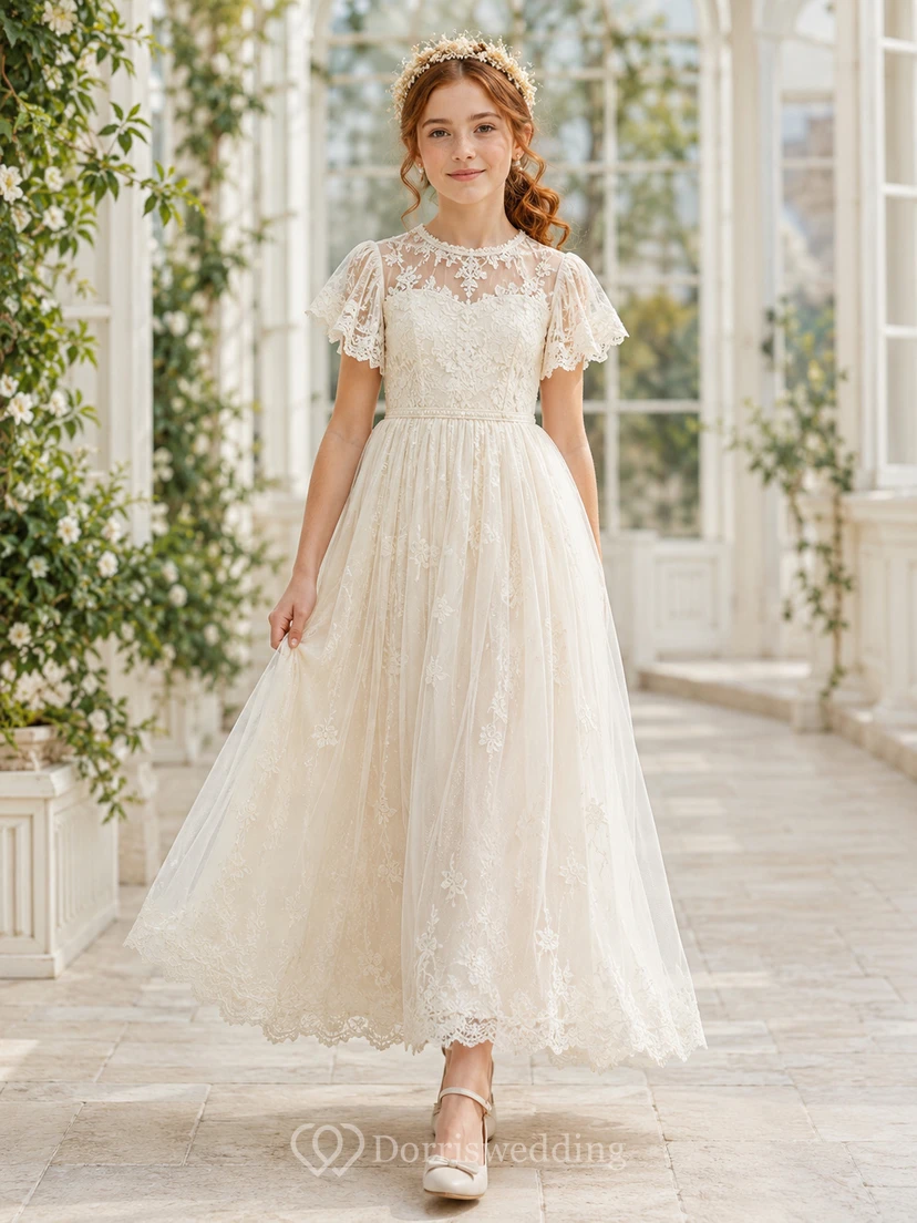 Boho Ruffle Sleeve Lace Ankle-Length A-Line Flower Girl Garden Wedding Tulle Dress