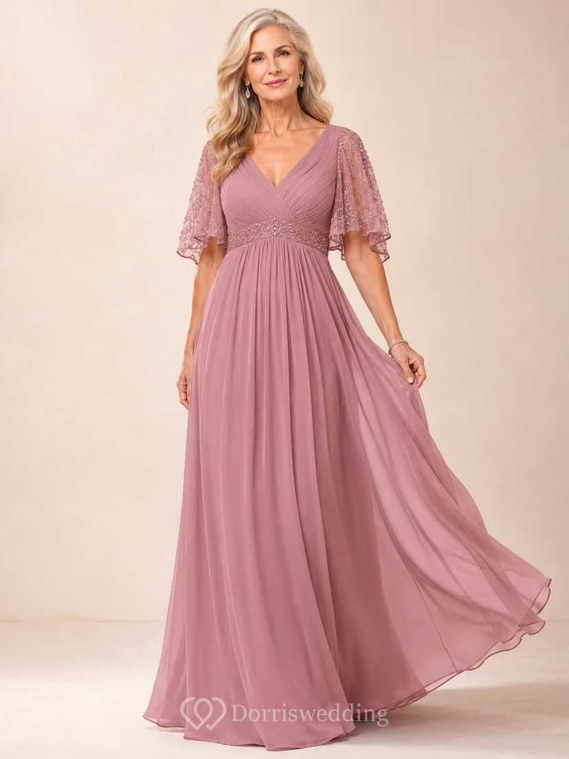 Altrosafarbenes, bodenlanges, romantisches A-Linien-Chiffonkleid für die Großmutter der Braut mit V-Ausschnitt und perlenbesetzten Volantärmeln