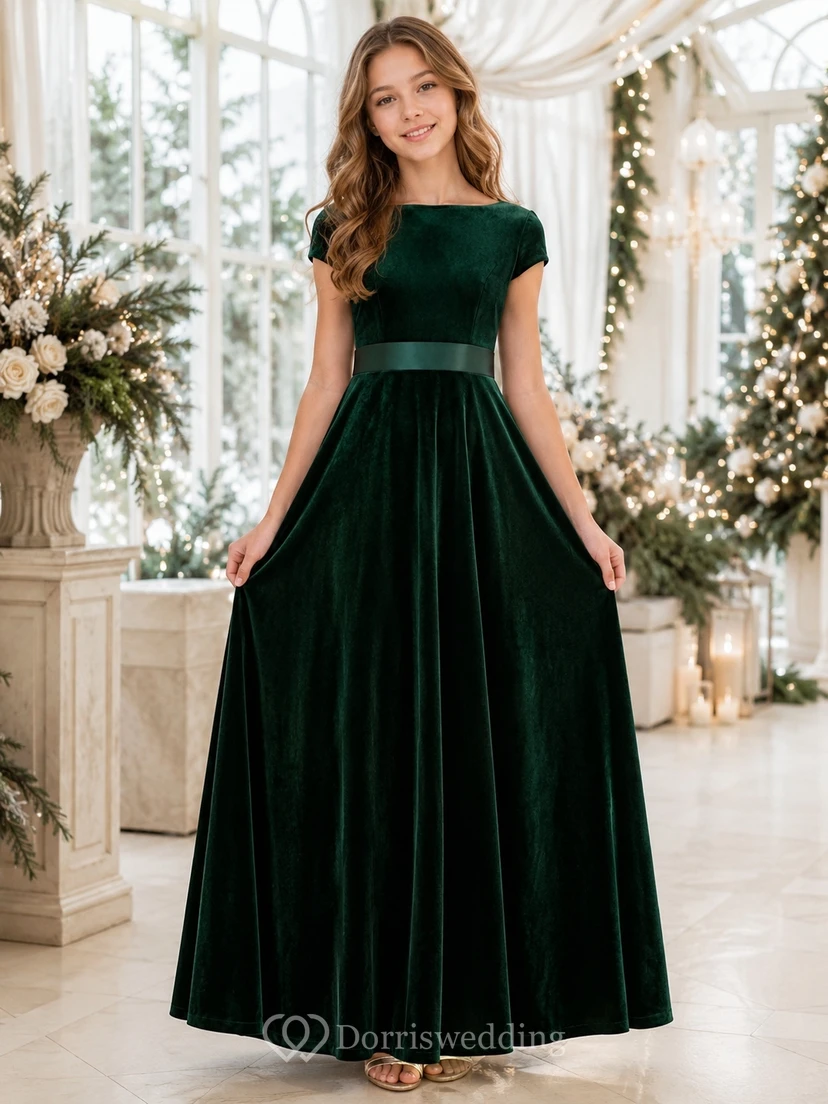 Dunkelgrünes Brautjungfernkleid für junge Mädchen, A-Linie, eckig, kurze Ärmel, Samt, Luxus