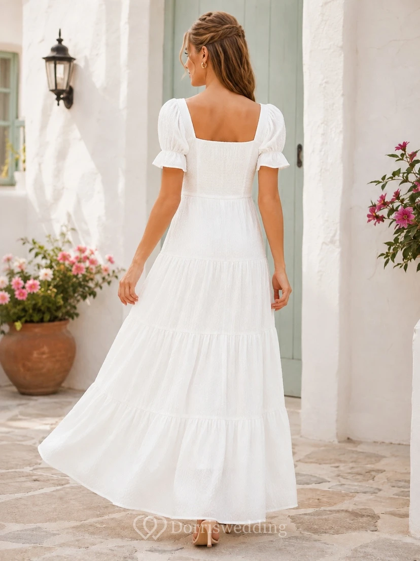 Bohemian White Square Neck Short Sleeve Chiffon A-Line Tiered Dress view 2