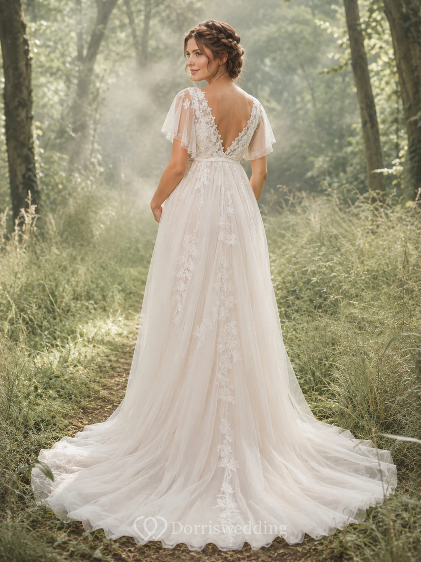 Maternity Wedding Dress V-Neck Flutter Sleeve Lace Woodland Bridal Gown with Chapel Train view 2