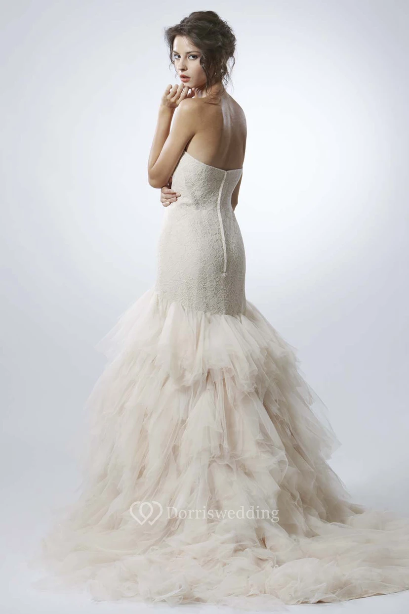 Floor-Length Mermaid Cascading-Ruffled Sleeveless Sweetheart Tulle Wedding Dress view 2