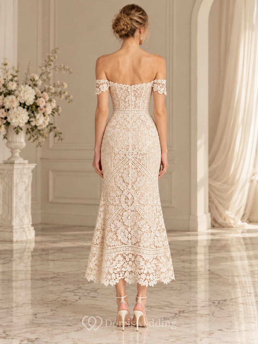 Boho Tea-length Off Shoulder Geometric Lace Fitted Bridal Wedding Dress view 2