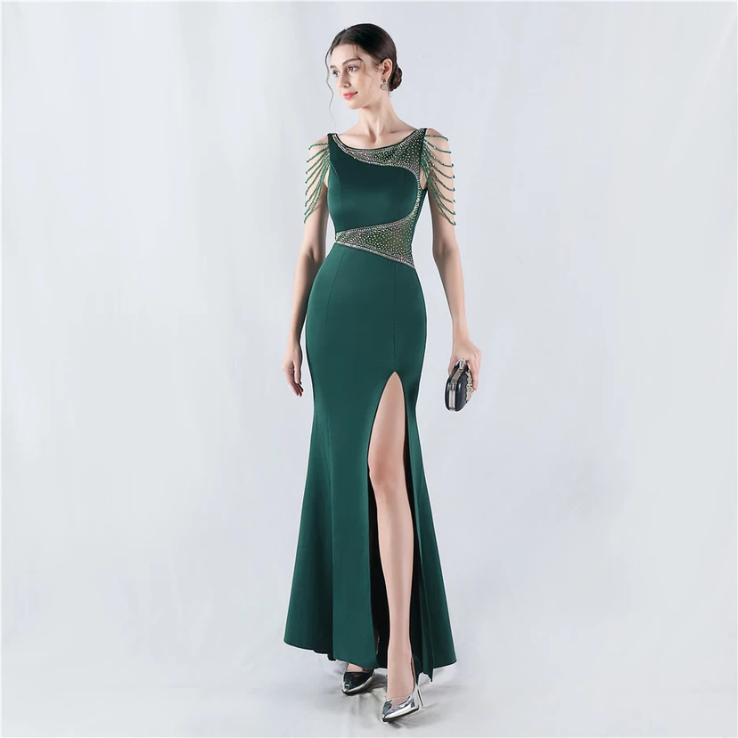 Heavy Hot Diamonds For Transparent Mesh High-Slit Satin Evening Dress Annual Meeting Wedding view 15
