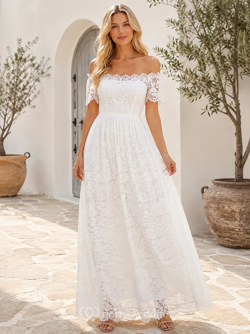 Boho Off-Shoulder Lace Cap Sleeve A-Line Floor-Length Casual Beach Wedding Dress