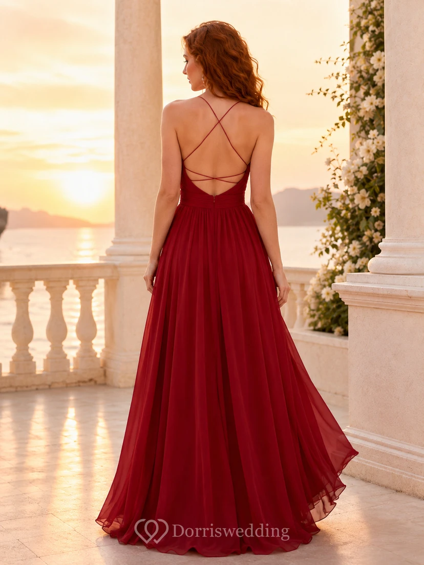 Vestido rojo de gasa con escote en V y espalda descubierta, corte en A view 2