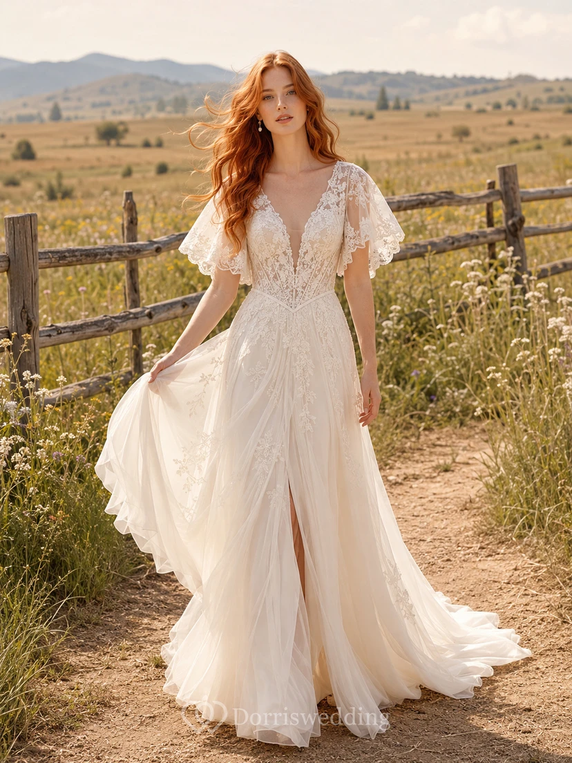 Vestido de novia de tul y encaje estilo campestre, corte en A, tirantes finos, cola capilla y escote en V bajo en la espalda.