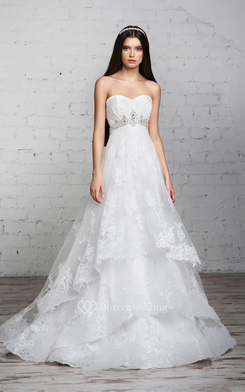 A-Line Long Sweetheart Sleeveless Empire Corset-Back Lace Dress With Tiers And Beading