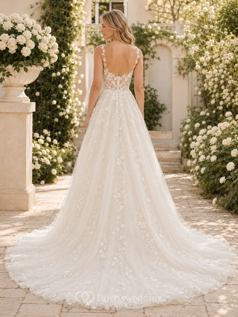 Brautkleid aus Spitze, A-Linie, mit Trägern, Schleppe und tiefem V-Ausschnitt am Rücken view 2