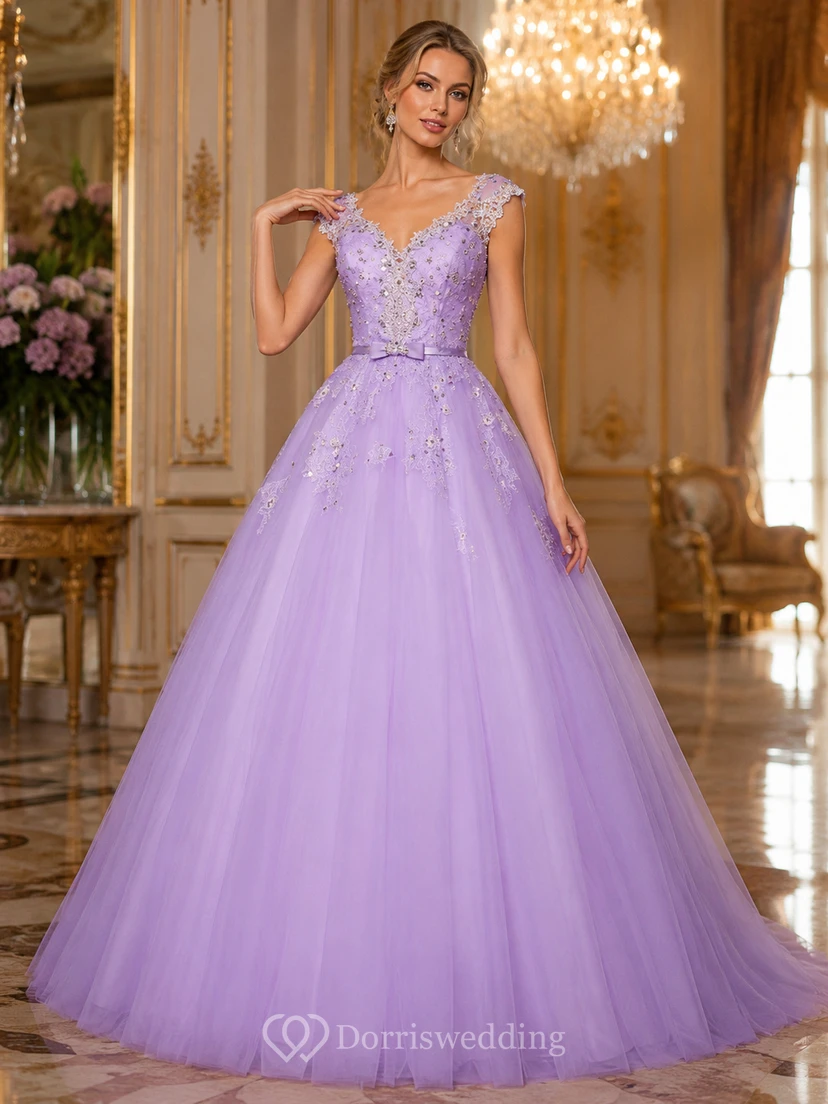 Ball Gown Floor-Length V-Neck Bell Cap Beading Flower Corset Back Tulle Lace Sequins Dress
