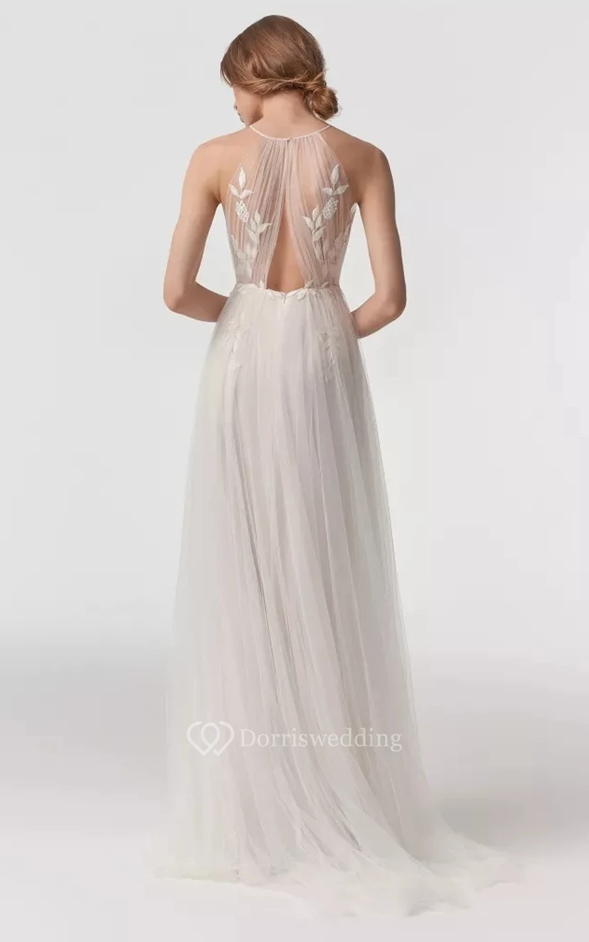 Ethereal High-neck Sleeveless Pleated Empire Tulle Beach Wedding Dress with Applique view 2