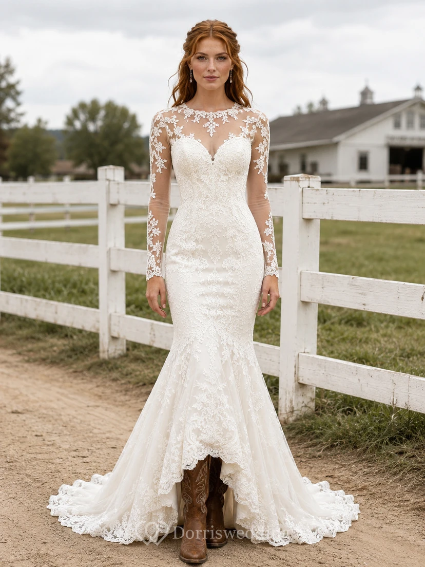 Robe de mariée de maternité en dentelle, col carré, manches longues, style jardin, avec fente sur le devant