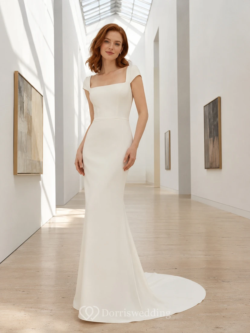 Cap Sleeve Square Neck Crepe Gallery Bridal Gown