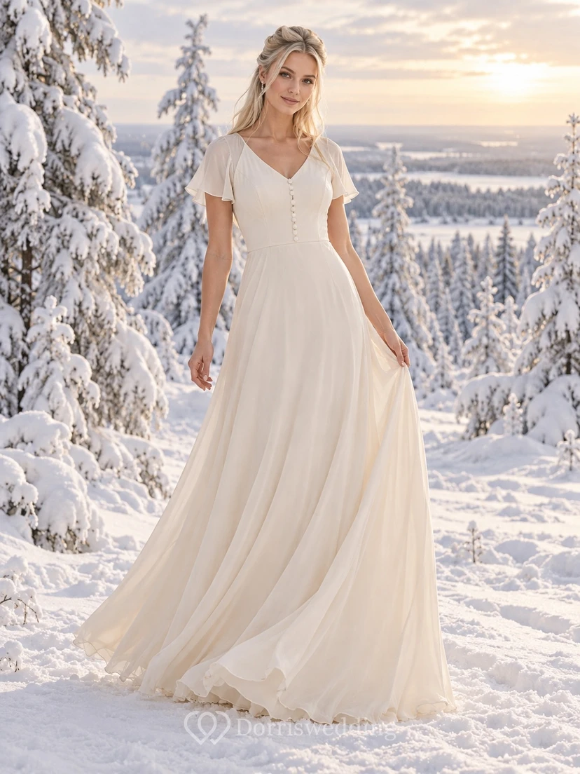 Sencillo vestido de novia de gasa con corte en A, botones en la parte delantera y mangas cortas con volantes.