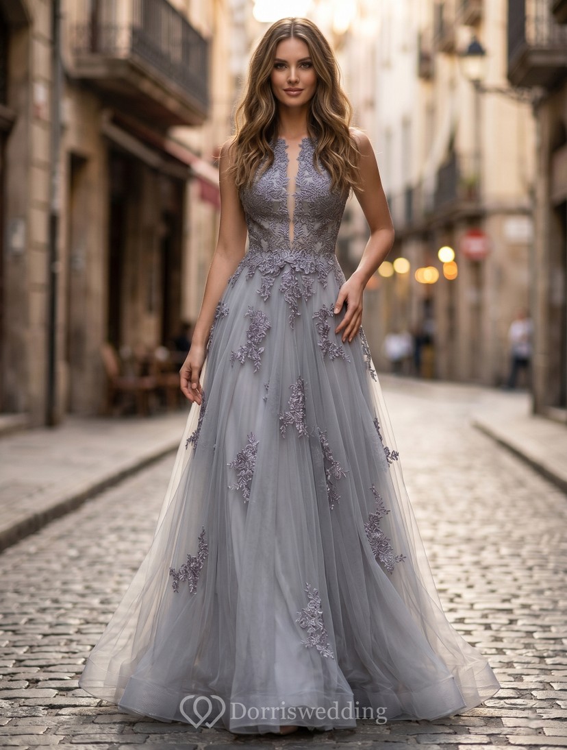 purple and grey wedding dress Berylove Women Grey Purple A Line Maxi Dress V Neck Embroidered Chiffon Wedding Party Guest Dress with Long Sleeves