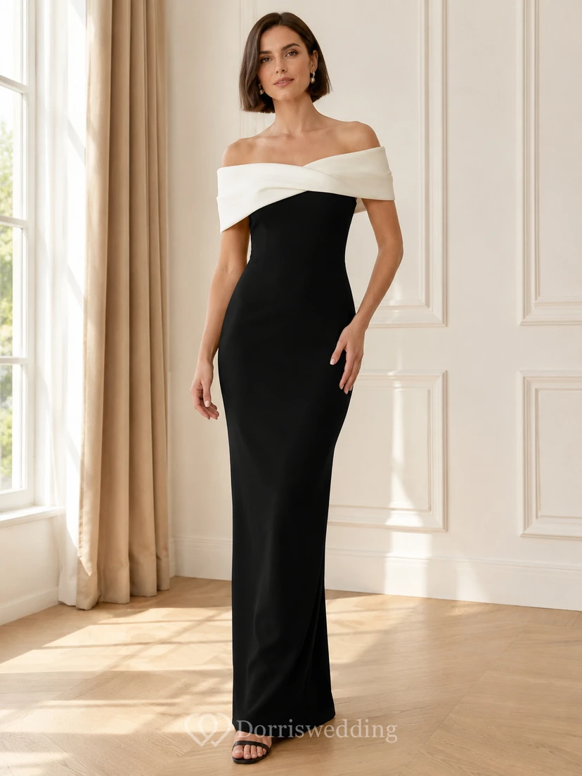 Elegante vestido de noche formal largo hasta el suelo, negro, con hombros descubiertos y ribete blanco de satén elástico.