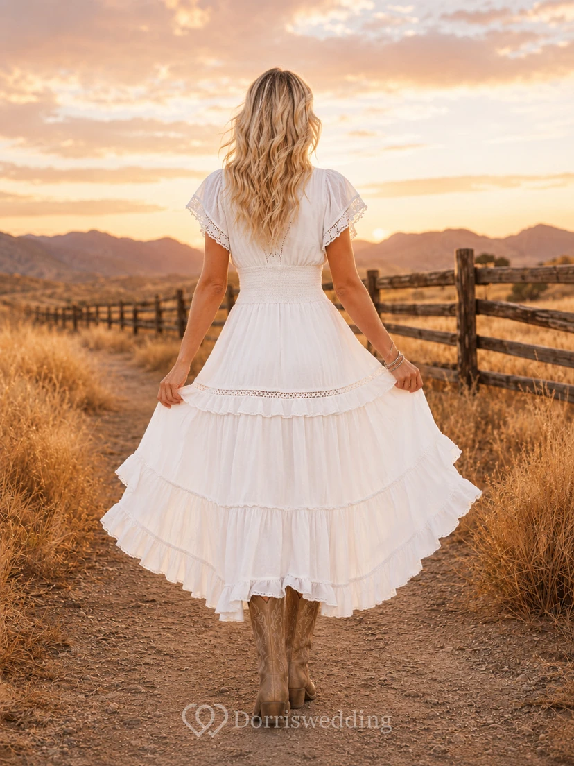 Weißes Chiffon-Gästekleid im Boho-Stil mit Rüschen, A-Linie, asymmetrischem V-Ausschnitt und kurzen Ärmeln im Sonnenuntergangs-Look view 2