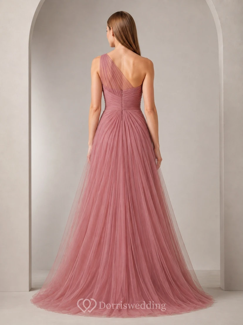 Dusty Rose One-Shoulder Sleeveless Tulle A-Line Split Evening Dress view 2
