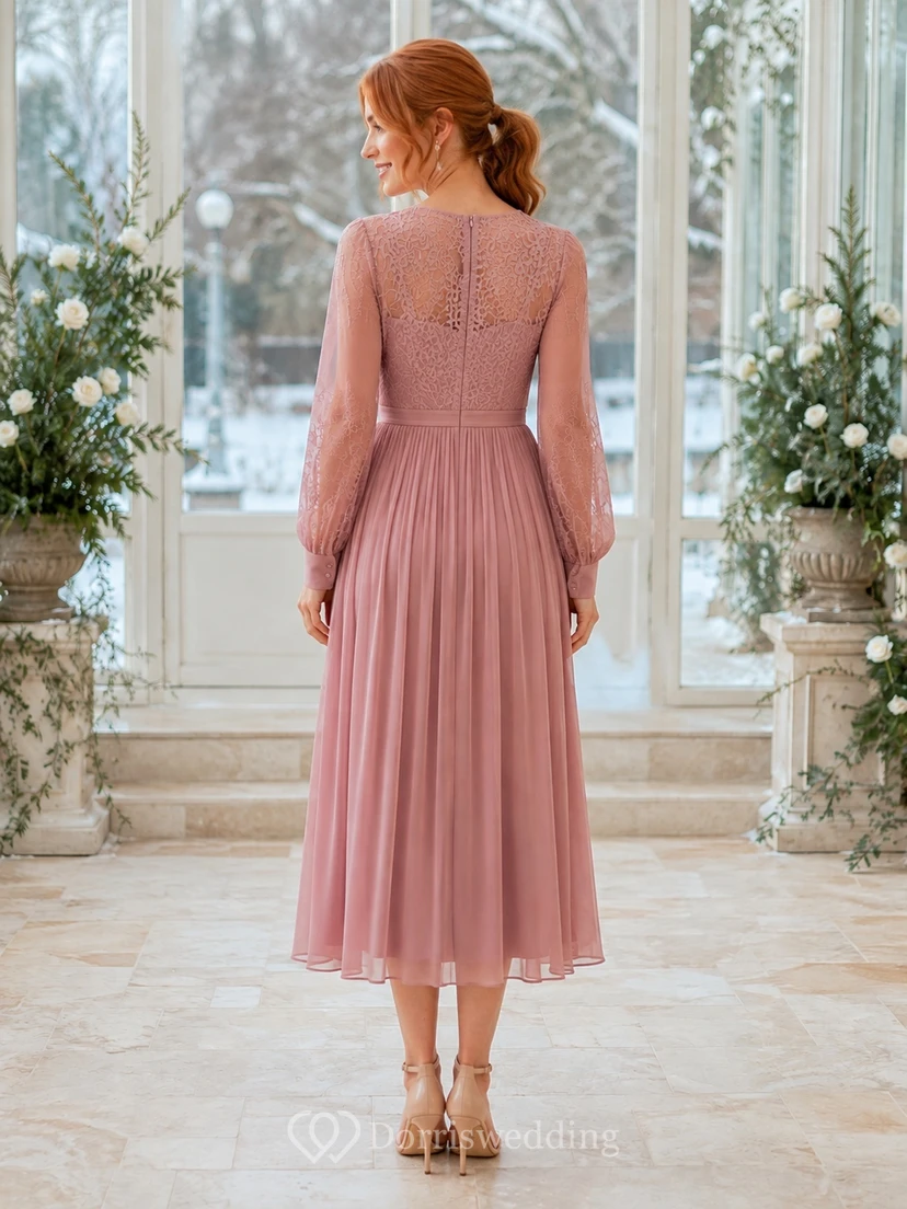 Robe de soirée romantique rose poudré illusion bateau à manches longues en mousseline de soie, longueur thé view 2