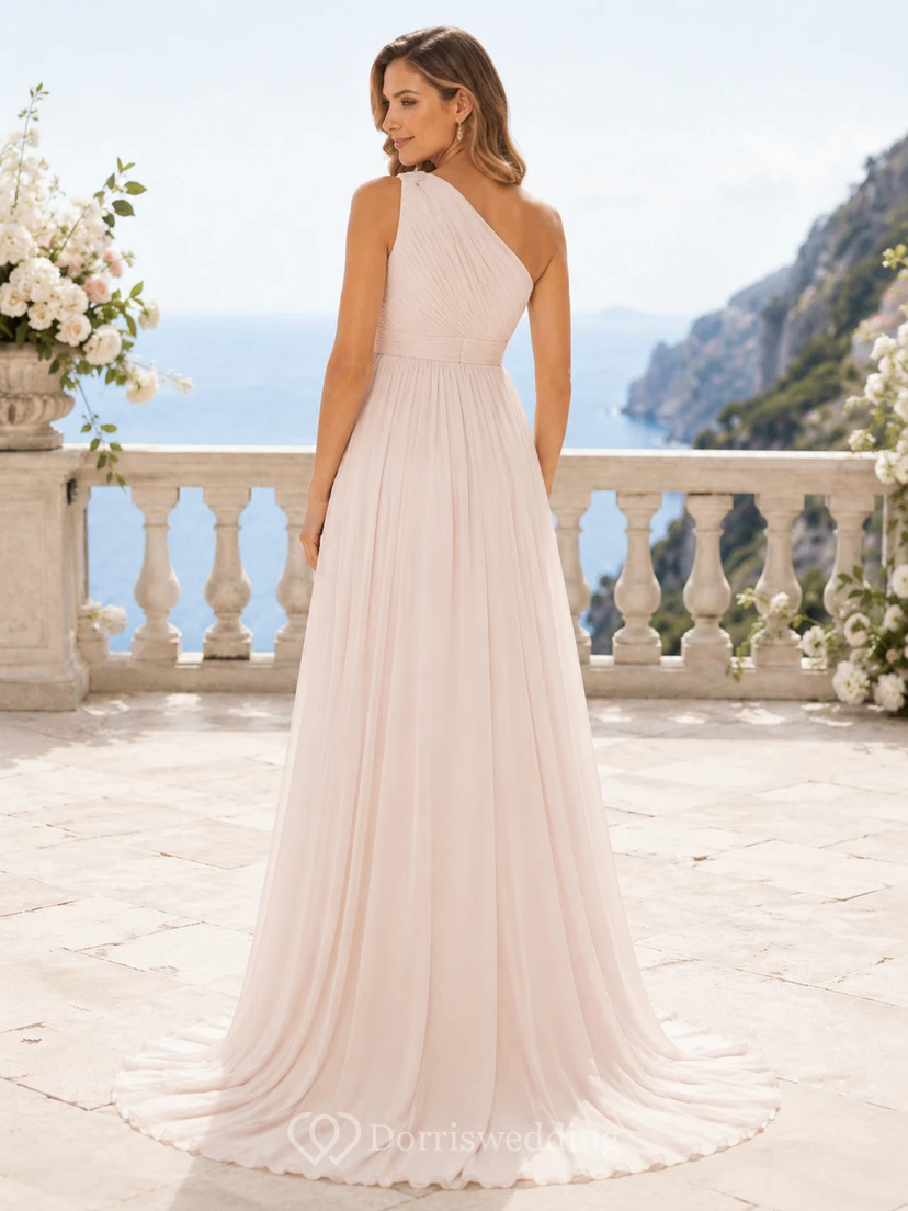 Robe de mariée/maternité moderne en mousseline, longue jusqu'au sol, asymétrique, sans manches, style empire rose côtier view 2