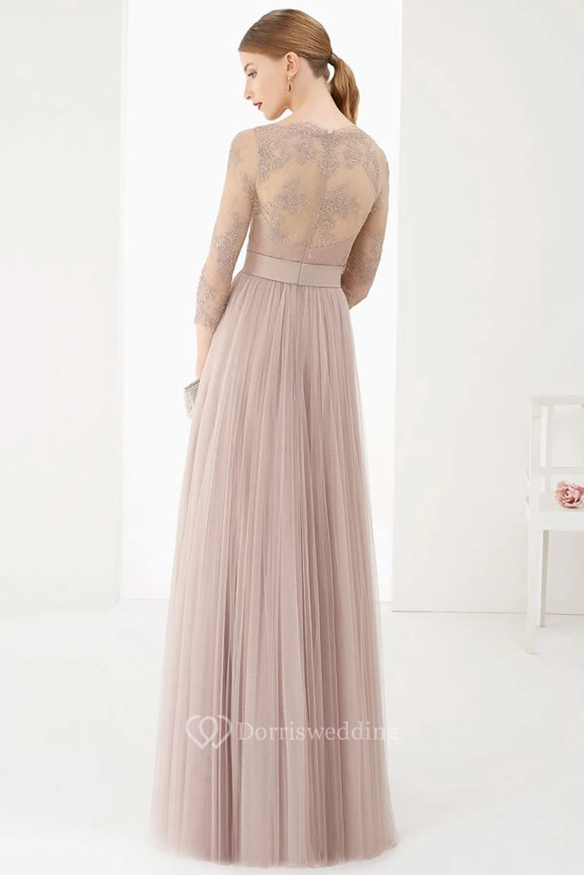 Sheath 3-4-Sleeve Jewel-Neck Floor-Length Lace Tulle Prom Dress With Flower And Pleats view 2