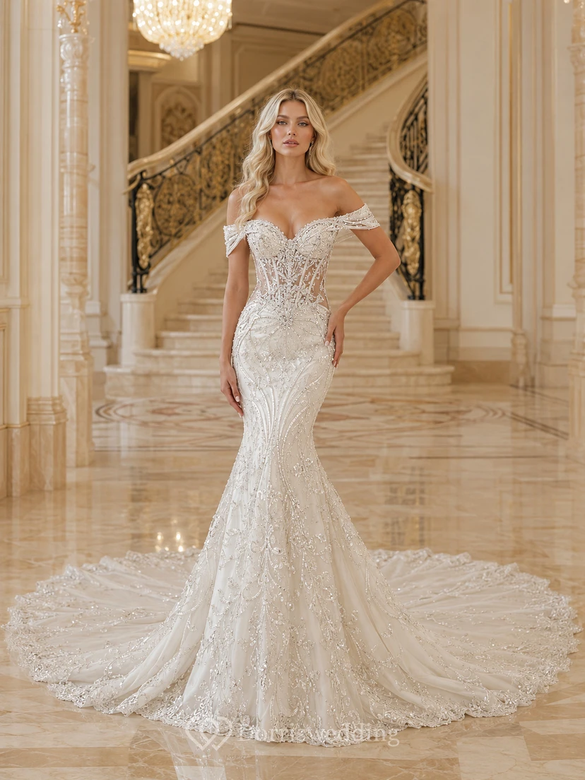 Robe de mariée sirène en dentelle florale à épaules dénudées et manches courtes