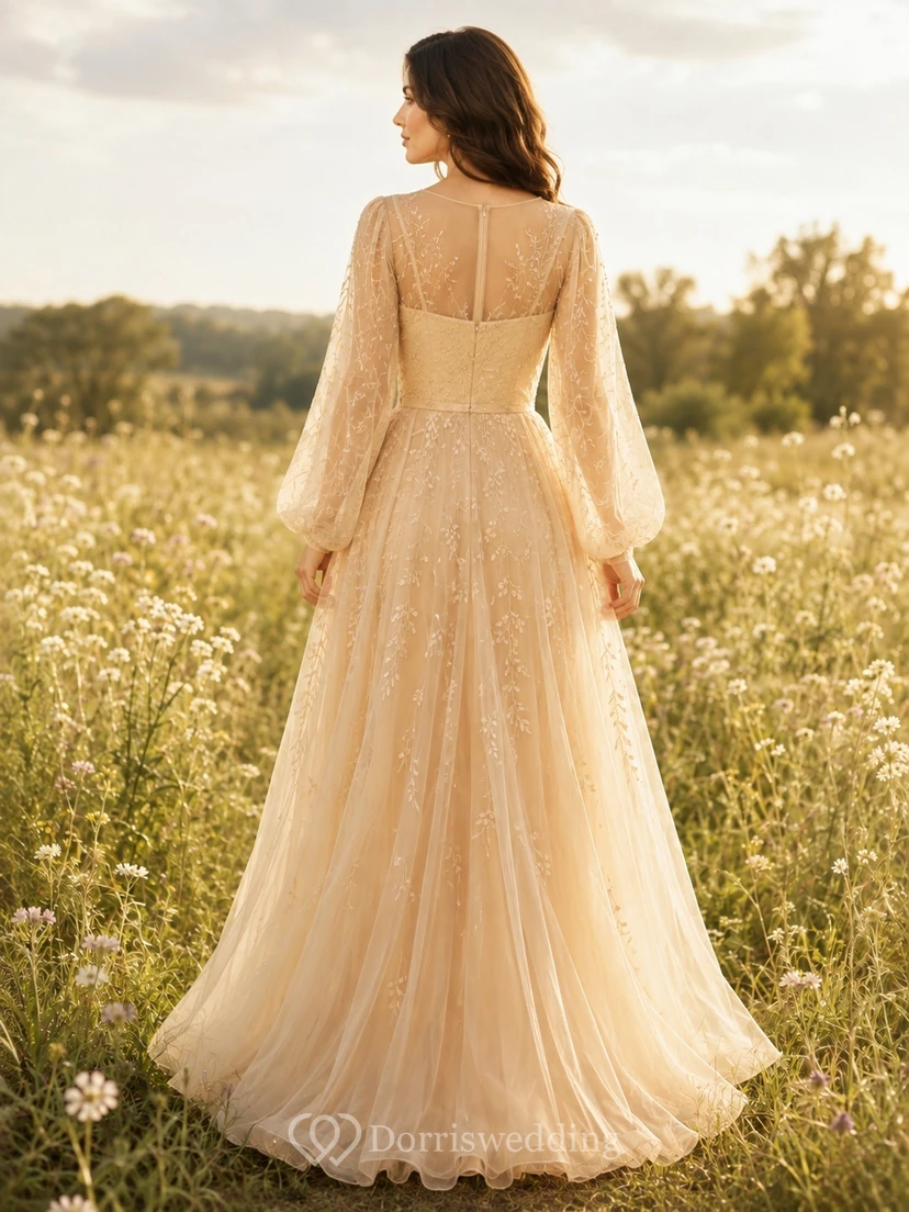 Gold Long Poet Sleeve Illusion Lace Tulle A-Line Floor-Length Luxury Etheral Gown view 2