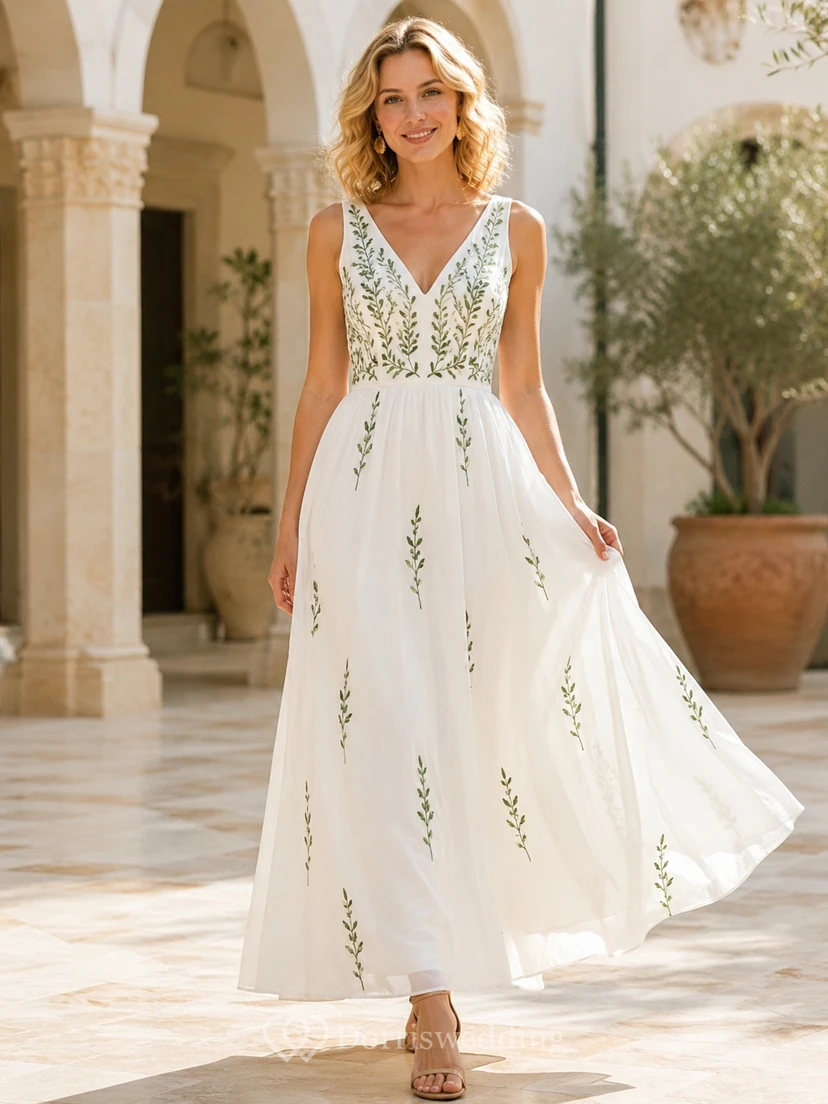 White Green Floral Embroidered V-Neck Chiffon A-Line Ankle-Length Garden Guest Dress