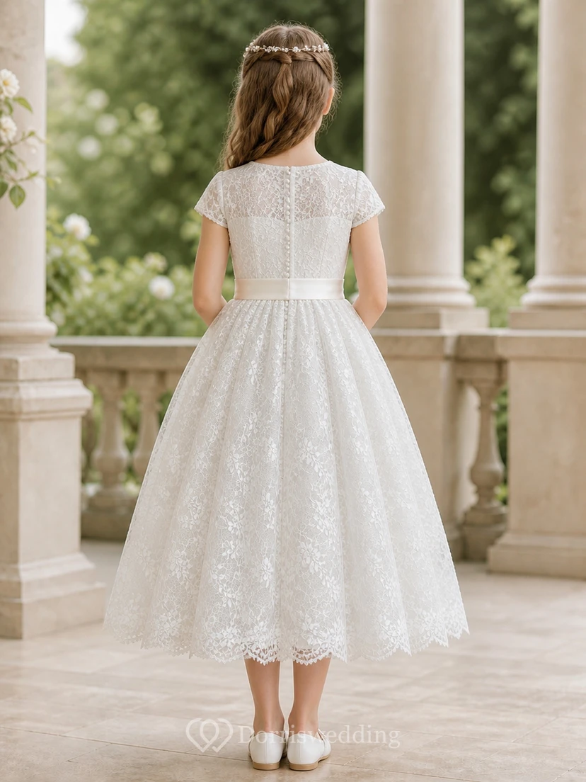 Vintage Tea-length A-Line Jewel Short Sleeve Full Lace Flowergirl Dress view 2