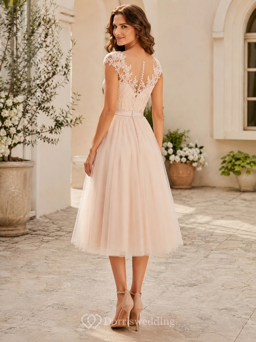 Romantic Civil Tea-Length Tulle A-Line Illusion V-Neck Wedding Dress view 2