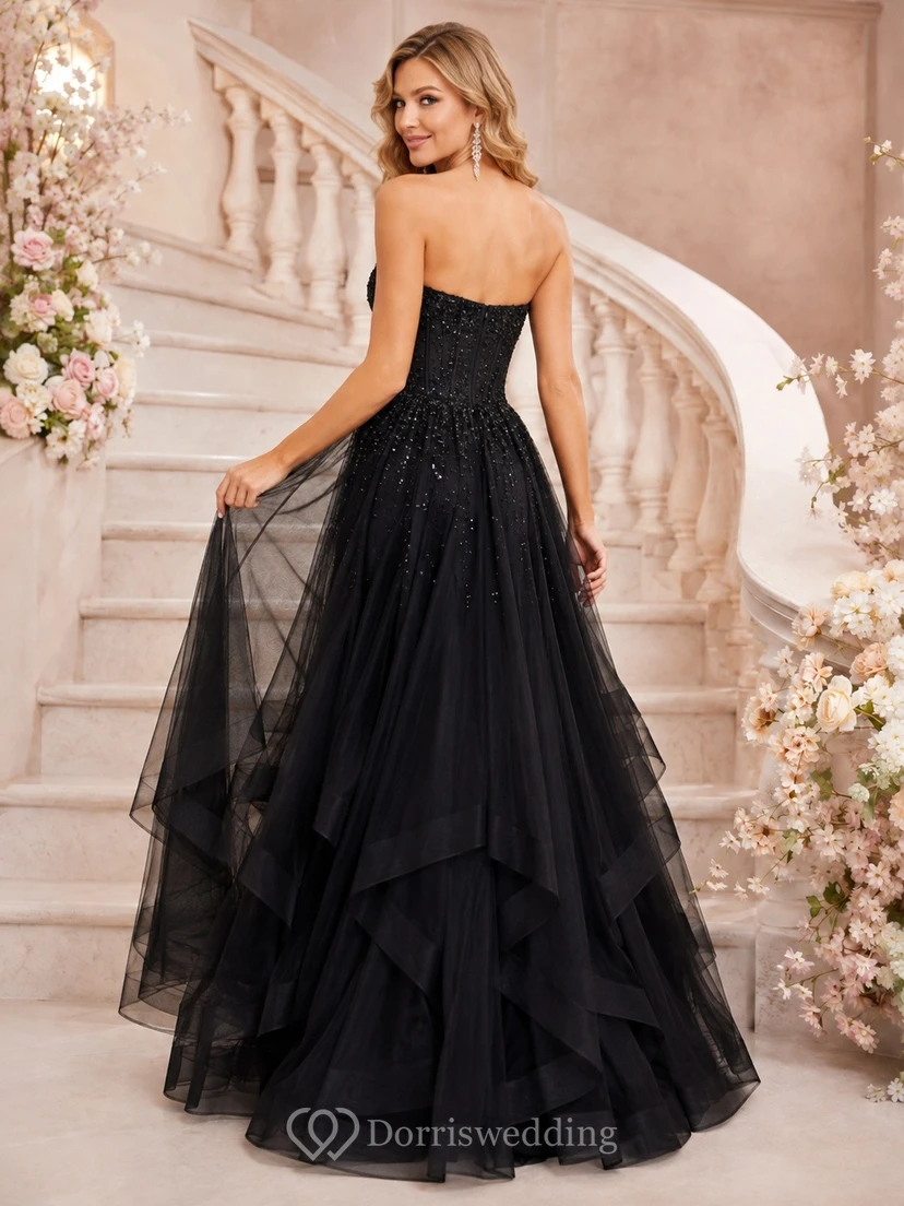 Black Ball Gown Tulle Tiered Prom Elegant Dress view 2