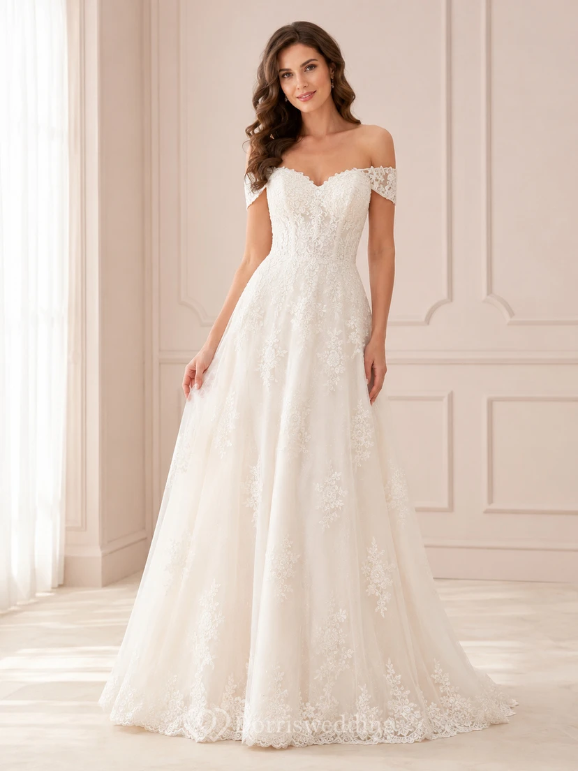 Schulterfreies Brautkleid aus Spitze in A-Linie, Studio-Brautkleid