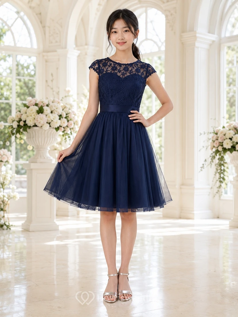 Dark Navy Junior Bridesmaid Dress A-Line Jewel Short Sleeves Lace Bodice