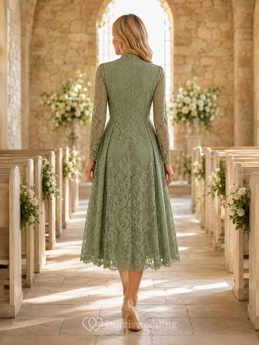Sage High Neck Lace Long Sleeve Religious Guest Midi Dress view 2
