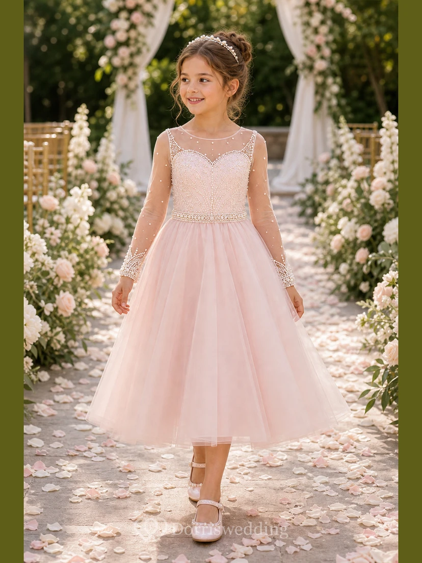 A-line Tea-length Long Sleeve Illusion Tulle Lace Flower Girl Dress with White satin skirt with long illusion lace sleeves view 4