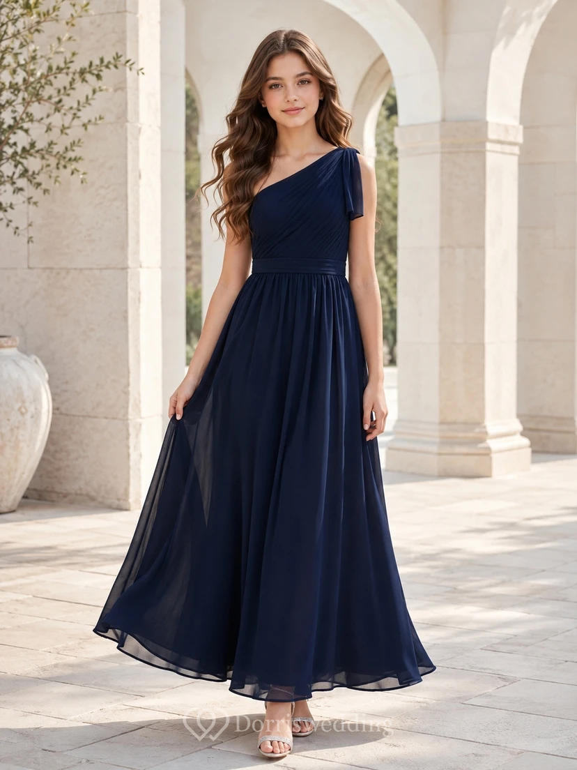 Dunkelblaues Brautjungfernkleid für junge Mädchen, A-Linie, One-Shoulder, ärmellos, elegant