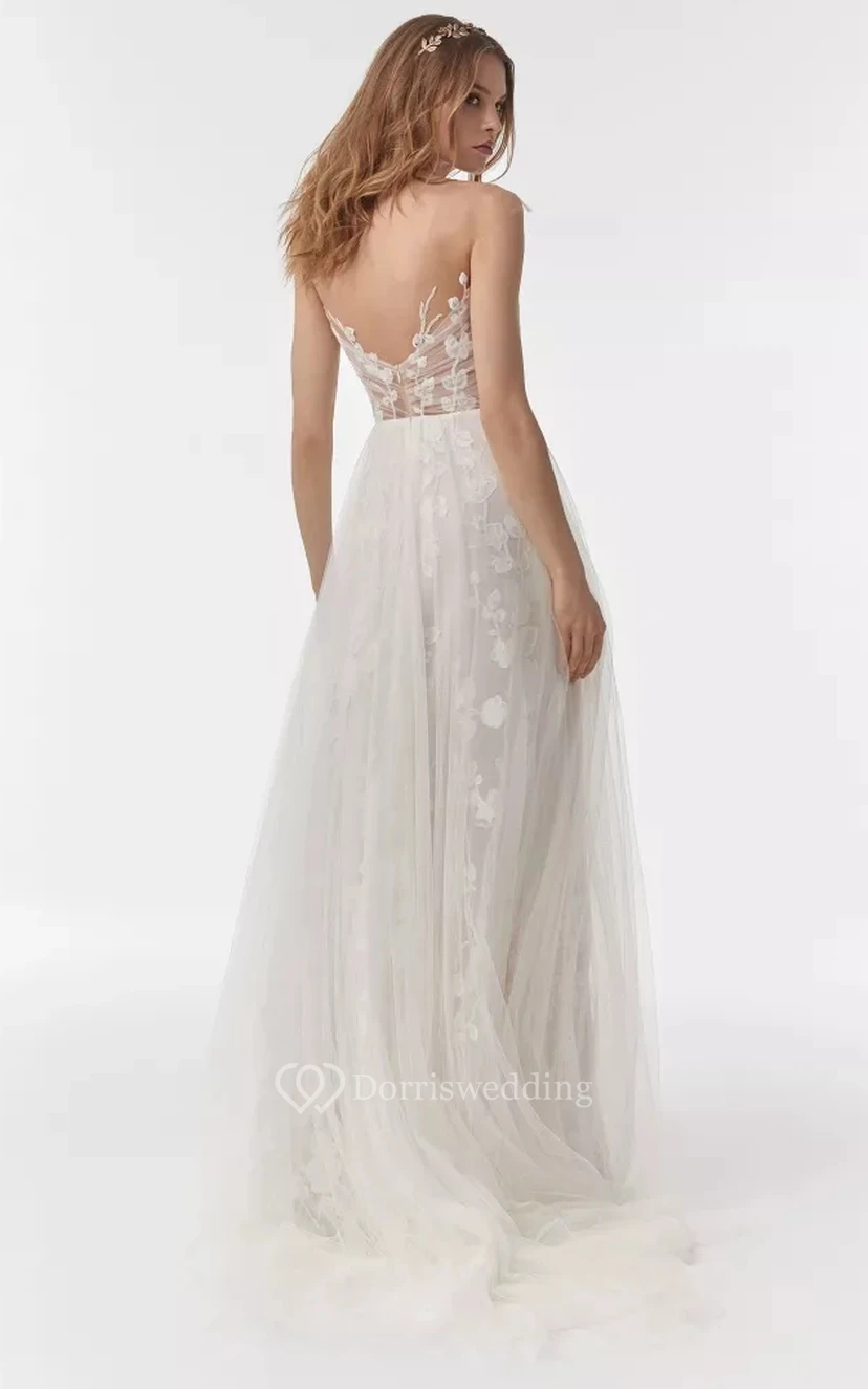 Flowy Sleeveless Lace Applique Empire Sheath Criss-cross Wedding Dress with Tulle Overlay view 2