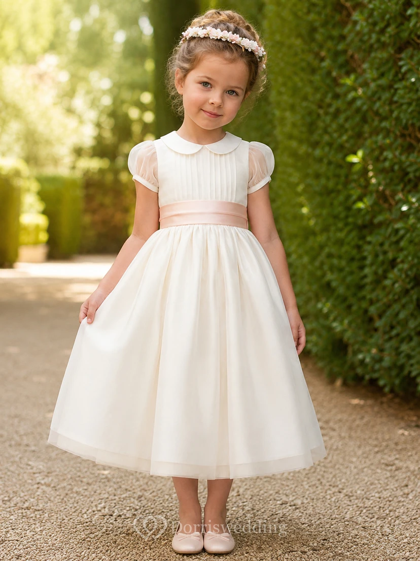 Classic Peter Pan Collar Tulle Satin A-Line Flower Girl Dress with Short Sleeves, Jewel Neck, Tea-Length Skirt and Bow Detail