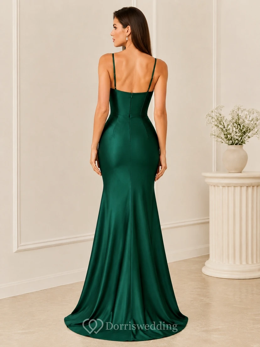 Sexy Emerald Sweetheart Stretch Satin Mermaid Spaghetti Strap Evening Formal Dress view 2