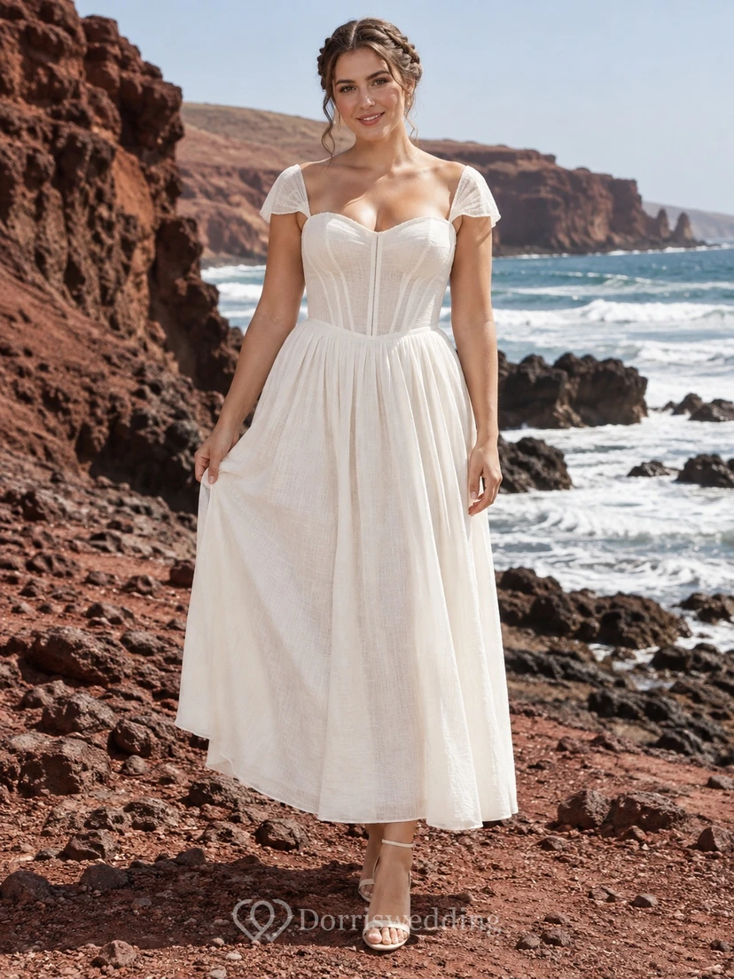 Simple Tea-Length Sweetheart Cap Sleeve Linen Blend Wedding Dress with Corset Bodice