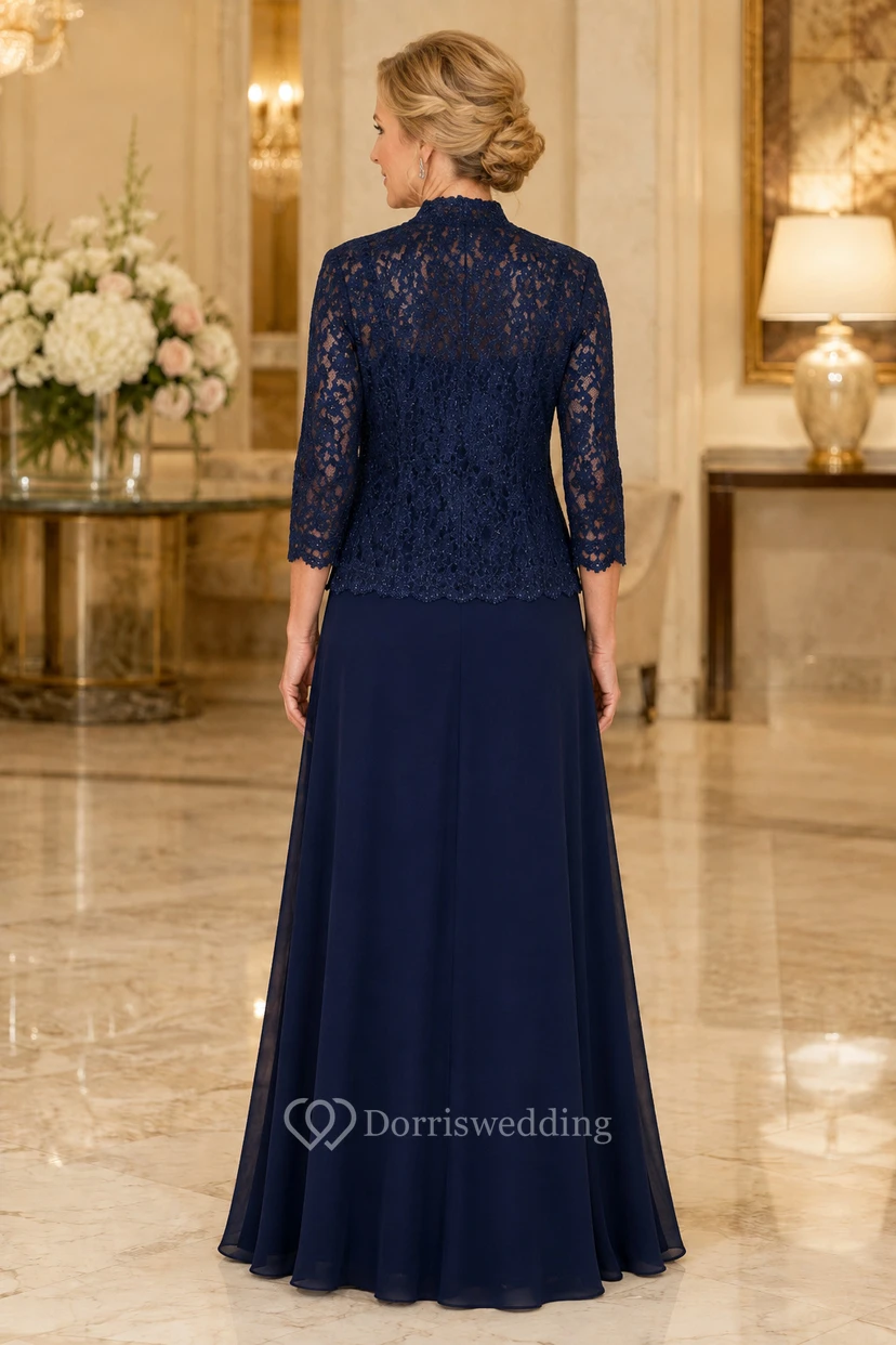 Dunkelblaues Chiffon-Mutterkleid mit Spitzenjacke view 2