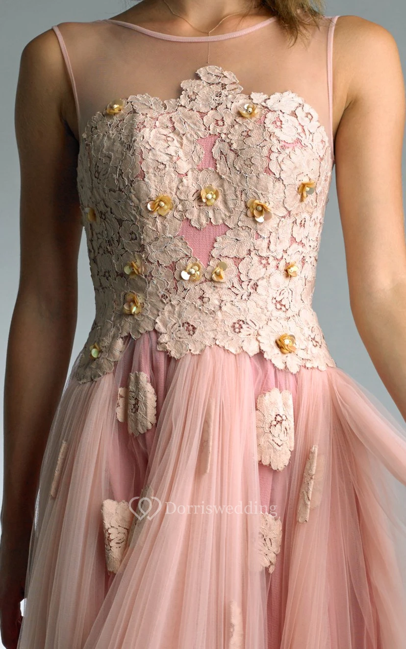 A-line Floor-length Jewel Sleeveless Tulle Low-V Back Dress view 3