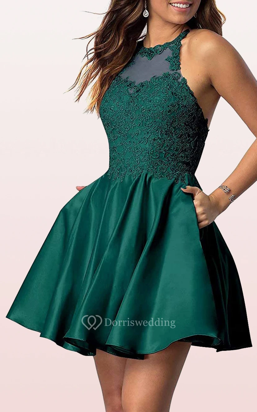 Robe de bal simple mini trapèze sans manches en satin et dentelle avec appliques view 16